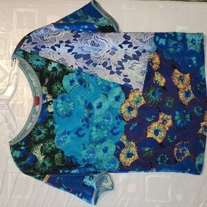 Save the Queen Colorful Floral Patchwork Print and lace Top sz S oversized